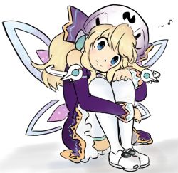 Rule 34 | 10s, 1girl, blonde hair, blue eyes, blush, boots, detached sleeves, female focus, head tilt, histoire, latenight, leg hold, legs together, long hair, neptune (series), sitting, smile, solo, thigh boots, thighhighs, wings