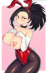 Rule 34 | 1girl, animal ears, black eyes, black hair, blush, boku no hero academia, breasts, breasts out, breasts squeezed together, cleavage, closed mouth, collar, covered erect nipples, elbow gloves, fake animal ears, fake tail, female focus, frown, gloves, hands on own breasts, heart pasties, highleg, highleg leotard, huge breasts, kneeling, leotard, looking at viewer, matching hair/eyes, medium hair, meme attire, pantyhose, pasties, playboy bunny, rabbit ears, rabbit tail, red leotard, reverse bunnysuit, reverse outfit, saltydanshark, solo, strapless, strapless leotard, tail, upper body, white gloves, yaoyorozu momo