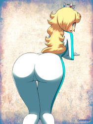 Rule 34 | 1girl, ass, biker clothes, bikesuit, blonde hair, blue eyes, bodysuit, breasts, crown, curvy, from behind, hair over one eye, huge ass, layerth, leaning, long hair, looking at viewer, looking back, mario (series), mario kart, mario kart 8, nintendo, open mouth, rosalina, skin tight, smile, solo, super mario bros. 1, super mario galaxy, wide hips