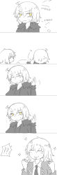 Rule 34 | !?, 2girls, absurdres, blush, comic, dual persona, english text, closed eyes, fate/grand order, fate (series), frown, gameplay mechanics, greyscale, hair between eyes, highres, jeanne d&#039;arc (fate), jeanne d&#039;arc alter (avenger) (fate), jeanne d&#039;arc alter (fate), monochrome, mouth hold, multiple girls, no nose, short hair, silent comic, smile, spot color, sweat, the iizumi, yellow eyes