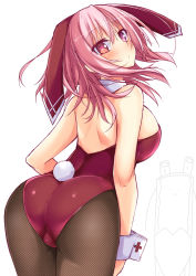 Rule 34 | 1girl, animal ears, ass, blush, breasts, detached collar, fake animal ears, fishnet pantyhose, fishnets, heterochromia, large breasts, leotard, mirei-san (suterii), original, pantyhose, pink eyes, pink hair, playboy bunny, rabbit ears, rabbit tail, short hair, simple background, sketch, solo, suterii, tail, white background, wrist cuffs