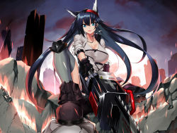 Rule 34 | 1girl, :d, animal ears, arknights, black footwear, black gloves, black hair, blaze (arknights), blue eyes, boots, breasts, cat ears, chainsaw, cleavage, commentary, gloves, grey thighhighs, hair between eyes, hairband, highres, holding, holding chainsaw, holding weapon, jacket, knee pads, large breasts, long hair, looking at viewer, open mouth, red hairband, smile, solo, thighhighs, v-shaped eyebrows, very long hair, weapon, white jacket, yan lie