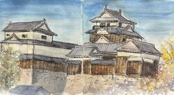 Rule 34 | architecture, blue sky, building, castle, east asian architecture, highres, hinata orcat, no humans, original, painting (medium), sky, stone wall, traditional media, tree, wall, watercolor (medium)