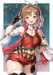 Rule 34 | 1girl, :d, alternate color, atelier (series), atelier ryza, atelier ryza 1, belt, belt buckle, beret, boots, border, bow, breasts, brown belt, brown eyes, brown gloves, brown hair, buckle, christmas, cleavage, commentary request, detached sleeves, gloves, hair ornament, hairclip, hand on own hip, hat, hat bow, highres, hood, hooded jacket, jacket, jewelry, large breasts, leather, leather gloves, looking at viewer, navel, necklace, open mouth, outside border, red hat, red jacket, red shirt, red shorts, reisalin stout, shino (lunar crescent), shirt, short hair, short shorts, shorts, simple background, single glove, sleeveless, sleeveless jacket, smile, snowflake background, solo, star (symbol), star necklace, thighhighs, thighhighs under boots, thighs, twitter username, w, white border, white thighhighs