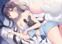 Rule 34 | 1girl, ass, bare arms, bare shoulders, black hair, blue choker, blue shirt, blue shorts, breasts, camisole, choker, crop top, crop top overhang, hugging doll, hair ornament, highres, long hair, looking at viewer, lying, midriff, navel, hugging object, on bed, original, playstation controller, red eyes, shiino sera, shirt, short shorts, shorts, sidelocks, sleeveless, sleeveless shirt, small breasts, solo, spaghetti strap, strap slip, thighs, two side up