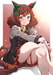Rule 34 | 1girl, bare legs, black jacket, border, brown hair, brown shorts, commentary request, crossed legs, ear covers, feet out of frame, green eyes, highres, jacket, kurumiyasan ns, legs, looking at viewer, nice nature (umamusume), red skirt, shirt, shorts, shorts under skirt, skirt, smile, solo, thighs, umamusume, white border, white shirt