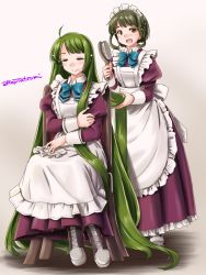 Rule 34 | 2girls, absurdly long hair, adapted costume, alternate costume, apron, blue ribbon, bob cut, boots, bow, bowtie, breasts, brown eyes, brown footwear, chair, closed eyes, comb, commentary request, cross-laced footwear, dress, enmaided, frilled apron, frilled dress, frills, full body, gradient background, green hair, grey background, kantai collection, lace-up boots, long hair, long sleeves, looking at viewer, maid, maid apron, maid headdress, medium breasts, mole, mole under mouth, multiple girls, pink background, purple dress, ribbon, shirt, short hair with long locks, sitting, small breasts, takanami (kancolle), tatsumi ray, twitter username, very long hair, white apron, white shirt, yuugumo (kancolle)