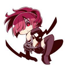 Rule 34 | 1girl, bare shoulders, belt, belt buckle, bikini, bikini top only, blush, boots, brown bikini, brown footwear, brown gloves, brown shorts, brown thighhighs, buckle, character request, closed mouth, dual wielding, elbow gloves, etrian odyssey, gloves, hair over one eye, highres, holding, looking at viewer, naga u, navel, ponytail, red belt, red eyes, red hair, short shorts, shorts, simple background, solo, swimsuit, thigh boots, thighhighs, white background
