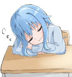 Rule 34 | 1girl, :3, absurdres, blue hair, closed eyes, commentary, desk, fujimi nemu, hair flaps, head rest, highres, long sleeves, onii-chan wa oshimai!, school desk, shuzp1, sidelocks, simple background, squeans, sleeping, smile, solo, white background