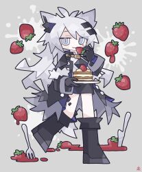 Rule 34 | 1girl, animal ears, arknights, black coat, black footwear, black gloves, black shirt, black skirt, boots, cake, chibi, coat, commentary, food, fork, fruit, full body, gloves, grey background, grey eyes, grey hair, highres, holding, holding food, holding plate, kdmr0402, knife, lappland (arknights), lappland (refined horrormare) (arknights), long hair, looking at viewer, material growth, messy hair, open clothes, open coat, oripathy lesion (arknights), plate, shirt, signature, simple background, skirt, skull, skull brooch, slit pupils, smile, solo, splatter, strawberry, very long hair, white shirt, wolf ears, wolf girl