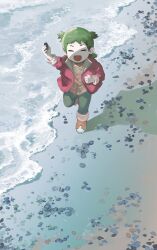 Rule 34 | 1girl, absurdres, beach, boots, cardigan, child, clenched hand, closed eyes, coat, full body, green hair, green pants, highres, holding, koiwai yotsuba, long sleeves, my nameisyoon, ocean, open mouth, orange footwear, outdoors, pants, pink cardigan, pink coat, quad tails, running, short hair, smile, solo, waves, yotsubato!