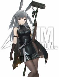 Rule 34 | 1girl, animal ears, arknights, arm strap, banxuan c2ka, bare shoulders, belt, black cape, black dress, black gloves, blush, breasts, brown pantyhose, cape, chromatic aberration, commentary, dress, feet out of frame, gloves, grey eyes, hammer, hand up, highres, holding, holding hammer, holding weapon, long hair, looking at viewer, medium breasts, pantyhose, rabbit ears, revision, savage (arknights), short dress, silver hair, simple background, sleeveless, sleeveless dress, solo, standing, thighs, two side up, weapon, white background