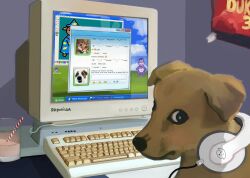 absurdres anachronism animal animal_focus bliss_(image) bonzibuddy brown_dog cat chocolate_milk commentary computer computer_keyboard crt cup desktop_(computing) dog doggo_revolution drinking_glass drinking_straw english_commentary headphones headphones_around_neck highres microsoft_paint_(software) microsoft_windows monitor msn no_humans painterly solo taskbar windows_7 windows_xp