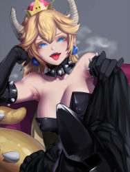Rule 34 | 1girl, absurdres, armpits, bare shoulders, black dress, blonde hair, blue eyes, blush, borrowed design, bowsette, breasts, breath, cleavage, collar, collarbone, colored eyelashes, commentary, commentary request, crown, dress, elbow gloves, foot focus, gloves, grey background, hair between eyes, highres, horns, jewelry, kumiko shiba, large breasts, looking at viewer, lying, mario (series), new super mario bros. u deluxe, nintendo, sharp teeth, sitting, spiked collar, spikes, strapless, strapless dress, super crown, tail, teeth, tongue, tongue out