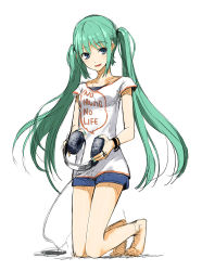 Rule 34 | 1girl, bad id, bad pixiv id, barefoot, blue eyes, casual, clothes writing, couzone, english text, full body, green hair, hatsune miku, headphones, kneeling, long hair, shorts, simple background, sketch, solo, twintails, vocaloid, white background