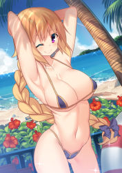 Rule 34 | armpits, arms up, beach, bikini, blonde hair, bow, braid, breasts, cleavage, cloud, covered erect nipples, day, fate/apocrypha, fate (series), flower, gluteal fold, hair bow, jeanne d&#039;arc (fate), jeanne d&#039;arc (ruler) (fate), large breasts, looking at viewer, micro bikini, navel, one eye closed, outdoors, palm tree, red eyes, skindentation, sky, smile, standing, swimsuit, tree, ureshiijelek