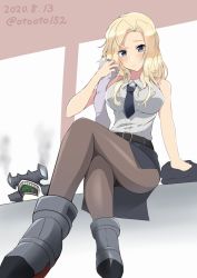 Rule 34 | 1girl, belt, black belt, black neckwear, black pantyhose, black skirt, blonde hair, blue eyes, breasts, character request, commentary request, crossed legs, dated, from below, highres, hornet (kancolle), kantai collection, large breasts, long hair, looking at viewer, necktie, one-hour drawing challenge, otobi, pantyhose, pencil skirt, shark, shirt, sitting, skirt, sleeveless, sleeveless shirt, twitter username, white shirt