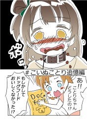 Rule 34 | 10s, 2girls, 2koma, ast, bad id, bad pixiv id, blue eyes, bow, brown hair, choker, collar, comic, crying, crying with eyes open, english text, hair bow, kosaka honoka, leash, long hair, love live!, love live! school idol project, minami kotori, multiple girls, one side up, open mouth, package, pet food, short hair, short sleeves, simple background, sweatdrop, tears, translation request