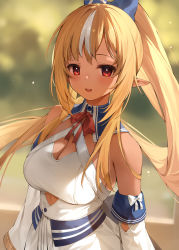 Rule 34 | 1girl, blonde hair, blue bow, blush, bow, breasts, commentary request, dark-skinned female, dark skin, detached sleeves, dress, elf, hair bow, hana mori, highres, hololive, large breasts, long hair, long sleeves, looking at viewer, multicolored hair, open mouth, pointy ears, ponytail, red eyes, shiranui flare, shiranui flare (1st costume), smile, solo, streaked hair, upper body, very long hair, virtual youtuber, white dress, white hair