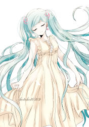 Rule 34 | 1girl, 39, absurdres, aqua hair, artist name, bad id, bad pixiv id, closed eyes, dress, earrings, hatsune miku, highres, jewelry, koto2, kotokoto (vibgyor), long hair, simple background, skirt hold, smile, solo, twintails, very long hair, vocaloid, white background