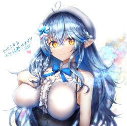 Rule 34 | 1girl, 2021, ahoge, bare shoulders, beret, blue bow, blue bowtie, blue flower, blue hair, blush, bow, bowtie, braid, breasts, center frills, closed mouth, commentary request, corset, crossed bangs, detached collar, dress, flower, flower request, french braid, frills, hair between eyes, hair flower, hair ornament, half updo, hand on own chest, hat, heart, heart ahoge, highres, hololive, jasmine (flower), large breasts, long hair, looking at viewer, nidaime (doronbo), pointy ears, simple background, sleeveless, sleeveless dress, smile, solo, translation request, upper body, virtual youtuber, white background, white dress, white flower, white hat, yellow eyes, yukihana lamy