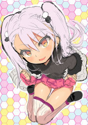 Rule 34 | 1girl, :d, blush, breasts, char, chloe von einzbern, dark-skinned female, dark skin, fate/kaleid liner prisma illya, fate (series), from above, grey hair, kneeling, looking at viewer, looking up, miniskirt, open mouth, pleated skirt, sitting, sketch, skirt, small breasts, smile, solo, sweater, thighhighs, twintails, wariza, white thighhighs, yellow eyes