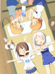 Rule 34 | 5girls, bad id, bad pixiv id, brown hair, cat, closed eyes, fairy, from above, kareha aki, lying, multiple girls, on back, open mouth, original, outstretched arms, pillow, short hair, shorts, size difference, sleeping, spread arms, tatami, white hair, wind chime