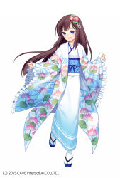 Rule 34 | 1girl, :d, blue eyes, blunt bangs, blush, brown hair, character request, floral print, flower, full body, gothic wa mahou otome, hair flower, hair ornament, highres, japanese clothes, jenevan, kimono, long hair, lotus, obi, official art, open mouth, sandals, sash, seigaiha, simple background, smile, socks, solo, walking, watermark, white background, white kimono, white socks, wide sleeves