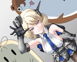Rule 34 | 1girl, 2others, black gloves, black pantyhose, blonde hair, blue eyes, blue neckwear, bokukawauso, braid, breasts, capelet, colorado (kancolle), commentary request, cowboy shot, dress, dutch angle, elbow gloves, garrison cap, gloves, grey dress, hat, headgear, kantai collection, large breasts, looking at viewer, multiple others, necktie, pantyhose, pleated dress, shirt, short hair, side braids, sideboob, sir ichirou, sleeveless, smile, standing, the yuudachi-like creature, white shirt