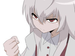 Rule 34 | 1girl, aisaka taiga, angry, annoyed, bad id, bad pixiv id, clenched hand, close-up, dress shirt, female focus, fujiwara no mokou, grey hair, moko (mewmew), parody, red eyes, serious, shirt, simple background, solo, style parody, suspenders, toradora!, touhou, vector trace, white background