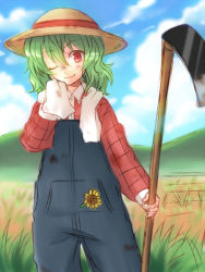 Rule 34 | 1girl, cloud, day, dirty, dirty face, farm, female focus, flower, green hair, hat, hoe, kazami yuuka, mokku, mountain, one eye closed, overalls, plaid, red eyes, short hair, smile, solo, straw hat, sun hat, sunflower, suspenders, touhou, towel, towel around neck, wink, wiping, wiping face, worktool