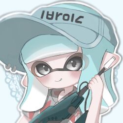 Rule 34 | 1girl, :q, blue background, blue hair, blue hat, closed mouth, commentary, grey hair, gun, hat, hawaiian shirt, holding, holding gun, holding weapon, inkling, inkling (language), inkling girl, inkling player character, jet squelcher (splatoon), looking at viewer, medium hair, nintendo, pointy ears, sh f0y, shirt, short hair, simple background, solo, splatoon (series), tentacle hair, tongue, tongue out, upper body, visor cap, weapon