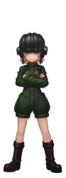 Rule 34 | 10s, 1girl, absurdres, black footwear, blonde hair, blue eyes, boots, closed mouth, commentary, crossed arms, emblem, full body, girls und panzer, green jumpsuit, helmet, highres, jumpsuit, katyusha (girls und panzer), lain, long sleeves, looking at viewer, military, military uniform, pravda military uniform, short hair, short jumpsuit, simple background, smirk, solo, standing, tank helmet, uniform, white background