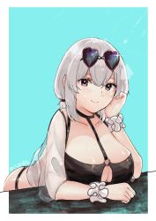 Rule 34 | 1girl, absurdres, aqua background, azur lane, bikini, black bikini, blush, border, breast rest, breasts, choker, cleavage, closed mouth, collarbone, commentary request, day, eyewear on head, hair between eyes, hand on own cheek, hand on own face, hand up, head tilt, heart, heart-shaped eyewear, highres, kanta (kanta 077), large breasts, leaning forward, looking at viewer, o-ring, o-ring top, outdoors, red eyes, scrunchie, see-through, short hair, sidelocks, silver hair, sirius (azur lane), sirius (scorching-hot seirios) (azur lane), sky, smile, solo, sunglasses, swimsuit, wet, white border, white scrunchie, wrist scrunchie