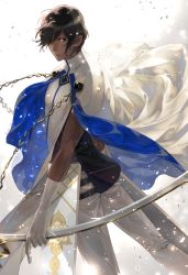 Rule 34 | 1boy, arjuna (fate), armlet, backlighting, black eyes, black hair, bow (weapon), cloak, closed mouth, commentary request, dark-skinned male, dark skin, dutch angle, elbow gloves, fate/grand order, fate (series), feet out of frame, from behind, gloves, hair over one eye, holding, holding bow (weapon), holding weapon, indian clothes, legs apart, light particles, lips, looking at viewer, looking back, male focus, noes, pants, pelvic curtain, quiver, serious, shirt, sleeveless, sleeveless shirt, solo, standing, swept bangs, turtleneck, twisted torso, v-shaped eyebrows, wavy hair, weapon, white cloak, white gloves, white pants, white shirt