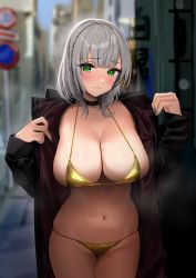 Rule 34 | 1girl, absurdres, bikini, black choker, blunt bangs, blurry, blurry background, blush, braid, breasts, choker, closed mouth, coat, furrowed brow, gold bikini, green eyes, grey hair, grey nails, hands up, highres, hololive, large breasts, looking at viewer, medium hair, micro bikini, nail polish, navel, open clothes, open coat, outdoors, public indecency, raised eyebrows, road, road sign, shirogane noel, sign, skindentation, solo, stomach, street, string bikini, sweat, swimsuit, trench coat, urokong, virtual youtuber