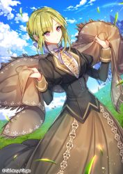 Rule 34 | 1girl, black vest, blue sky, bow, brown cape, brown dress, cape, unworn cape, cloud, day, dress, dutch angle, grass, green hair, hair bow, looking to the side, official art, outdoors, purple eyes, sid story, sila (carpen), sky, standing, vest