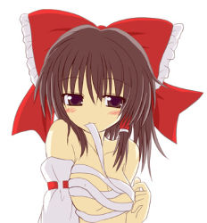 Rule 34 | 1girl, breasts, female focus, hakurei reimu, large breasts, lowres, simple background, solo, touhou, undressing, white background