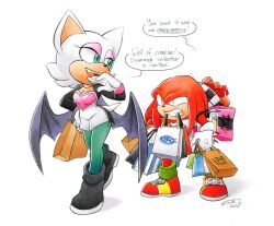 Rule 34 | 1boy, 1girl, alternate costume, artist name, bag, bat wings, black footwear, boots, dated, english text, finik, furry, furry female, furry male, gloves, highres, knuckles the echidna, open mouth, rouge the bat, shoes, shopping bag, signature, sonic (series), speech bubble, teeth, watermark, white background, white gloves, wings