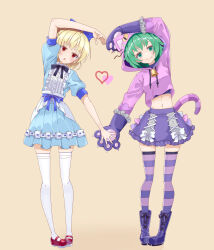 Rule 34 | 2girls, :o, alice (alice in wonderland), alice (alice in wonderland) (cosplay), alice in wonderland, andou tazusa, animal hands, animal hood, arm up, assault lily, bell, black footwear, black ribbon, blonde hair, blue bow, blue dress, blue ribbon, boots, bow, breasts, brown background, buttons, cat hood, cat tail, center frills, cheshire cat (alice in wonderland), cheshire cat (alice in wonderland) (cosplay), closed mouth, commentary request, cosplay, cropped hoodie, cross-laced footwear, drawstring, dress, fake tail, fang, fang out, frilled dress, frilled gloves, frilled skirt, frills, full body, gloves, green eyes, green hair, gumoyu, hair bow, heart, heart arms duo, highres, hood, hood up, hoodie, lace-up boots, layered dress, leaning to the side, long sleeves, looking at viewer, mary janes, medium breasts, midriff, miniskirt, multiple girls, navel, neck bell, neck ribbon, official alternate costume, parted lips, paw gloves, pink hoodie, puffy short sleeves, puffy sleeves, purple gloves, purple skirt, purple thighhighs, red eyes, red footwear, ribbon, shoes, short hair, short sleeves, simple background, skirt, standing, stomach, striped clothes, striped thighhighs, tail, thighhighs, white bow, white thighhighs, yoshimura thi mai, zettai ryouiki