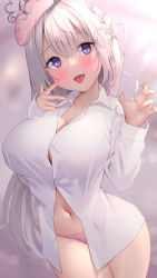 Rule 34 | 1girl, akira shiun, blouse, blush, bra, braid, breasts, cleavage, collarbone, collared shirt, crossed bangs, grey hair, hair between eyes, hands up, hat, highres, indie virtual youtuber, large breasts, legs together, long hair, long sleeves, looking at viewer, naito mare (vtuber), navel, no pants, open mouth, panties, pink hat, pink panties, purple eyes, shirt, smile, solo, tongue, tongue out, underwear, very long hair, virtual youtuber, white hair, white shirt