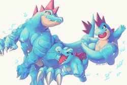 Rule 34 | artist name, claws, closed eyes, closed mouth, commentary request, creatures (company), croconaw, evolutionary line, feraligatr, game freak, gen 2 pokemon, kira (kira dra), nintendo, no humans, open mouth, pokemon, pokemon (creature), sharp teeth, simple background, teeth, toes, tongue, totodile, white background, yellow eyes