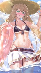 Rule 34 | 1girl, artoria caster (fate), artoria pendragon (fate), bare shoulders, bikini, black bikini, blonde hair, blue sky, blush, breasts, cloud, cloudy sky, fate/grand order, fate (series), green eyes, hand up, hat, highres, holding, jewelry, long hair, long sleeves, looking at viewer, marumai, medium breasts, multiple tails, ocean, open mouth, ring, simple background, skirt, sky, smile, solo, swimsuit, tail, tongue, two tails, water, wet, wet clothes