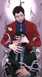 Rule 34 | 2boys, arsene lupin iii, bandages, beard, black hair, blood, brown hair, commentary request, facial hair, flower, formal, hand on another&#039;s face, hat, highres, jigen daisuke, looking at viewer, lupin iii, male focus, multiple boys, open mouth, rope, sharp teeth, short hair, sideburns, smile, suit, teeth, urourooooo