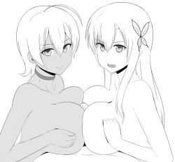 Rule 34 | 10s, 1boy, 2girls, ahoge, blush, boku wa tomodachi ga sukunai, breasts squeezed together, breasts, butterfly hair ornament, choker, cooperative paizuri, crossover, dark skin, fang, frown, greyscale, hair between eyes, hair ornament, kashiwazaki sena, large breasts, long hair, looking at viewer, mito ikumi, monochrome, multiple girls, name connection, nao (ritsancrossover), navel, nude, open mouth, paizuri, penis, penis face, shokugeki no souma, short hair, sidelocks, simple background, sweat, upper body, white background