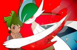 Rule 34 | 1boy, blurry, cardigan, collared shirt, commentary request, creatures (company), gallade, game freak, gen 4 pokemon, green hair, grey cardigan, grey eyes, hand up, jaho, male focus, mega gallade, mega pokemon, nintendo, one eye closed, pokemon, pokemon (creature), pokemon oras, red background, shirt, short hair, simple background, wally (pokemon), white shirt