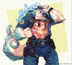 Rule 34 | 1boy, abs, animal ears, aqua fur, artist name, bara, belt, black nails, border, bracelet, chest tattoo, clothes pull, commentary request, copyright notice, dog boy, dog ears, dog tail, english text, fangs, fingernails, furry, furry male, halo, halo behind head, hat, highres, holding, holding clothes, holding hat, jewelry, large pectorals, male focus, multiple belts, muscular, muscular male, nail polish, navel, nipples, oguchi magami, outside border, pectorals, police, police hat, police uniform, sharp fingernails, solo, stomach, tail, tattoo, tokyo houkago summoners, two-tone fur, uniform, upper body, white border, white fur, yedsilent, yellow background