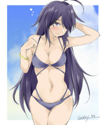 Rule 34 | 1girl, ahoge, artist name, bikini, black eyes, black hair, blue sky, breasts, cleavage, cloud, commentary request, cowboy shot, gakky, hair ornament, hairclip, kako (kancolle), kantai collection, large breasts, long hair, looking at viewer, medium breasts, messy hair, multi-strapped bikini, one-hour drawing challenge, parted bangs, ponytail, purple bikini, sky, solo, swimsuit