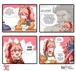 Rule 34 | 1boy, 3girls, alternate costume, anger vein, animal ear fluff, animal ears, animal hands, apron, bell, black hair, blue bow, blue kimono, blue ribbon, blush, bow, breasts, cat paws, cleavage, closed eyes, closed mouth, collar, english text, enmaided, fang, fate/grand order, fate (series), fox ears, fox girl, fox tail, frilled apron, frills, gloves, glowing, glowing eyes, hair ribbon, heracles (fate), highres, japanese clothes, jingle bell, keita naruzawa, kimono, large breasts, long hair, maid, maid apron, maid headdress, mini person, minigirl, multiple girls, neck bell, paw gloves, pink hair, ponytail, red eyes, red kimono, red ribbon, ribbon, speech bubble, split ponytail, tail, tamamo (fate), tamamo cat (fate), tamamo cat (first ascension) (fate), tamamo cat (second ascension) (fate), tamamo no mae (fate/extra), waist apron, white apron, yellow eyes