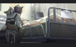 Rule 34 | 1girl, animal ears, arknights, bed, brown hair, brown pantyhose, clothing cutout, hospital bed, indoors, intravenous drip, iv stand, letterboxed, long hair, long sleeves, lying, pantyhose, ponytail, raccoon ears, raccoon girl, raccoon tail, robin (arknights), shirt, sitting, stool, tail, tail through clothes, tosuta, white shirt